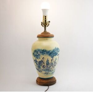 Vintage Ceramic Table Lamp Large Cream Blue Pastoral Scene Good